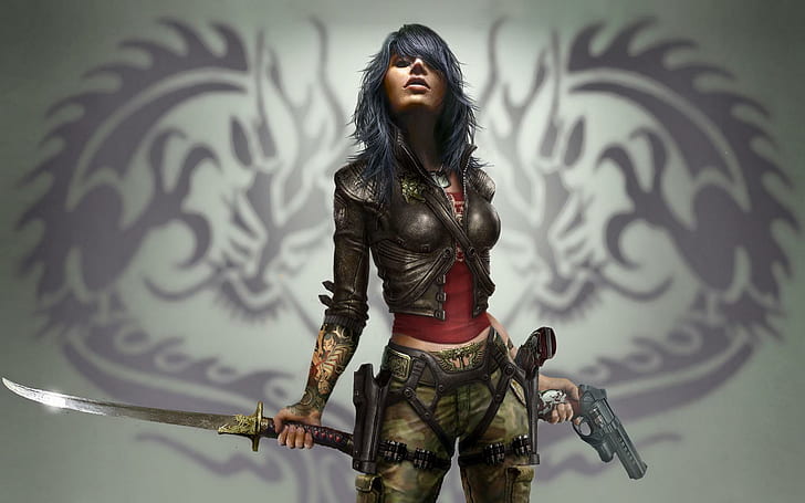 Vått Xbox-spel, kvinna i svart jacka med svärd och pistolillustration, spel, Xbox, spel, HD tapet
