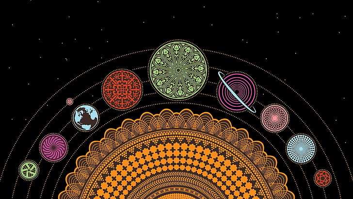 papier peint alignement planétaire, minimalisme, espace, univers, étoiles, fond noir, planète, soleil, terre, système solaire, art numérique, Fond d'écran HD
