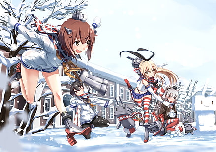 dwie męskie i dwie żeńskie postacie z anime, Kantai Collection, anime girls, śnieg, Amatsukaze (Kancolle), Rensouhou-chan, Shimakaze (Kancolle), Tokitsukaze (KanColle), Yukikaze (KanColle), Tapety HD HD wallpaper