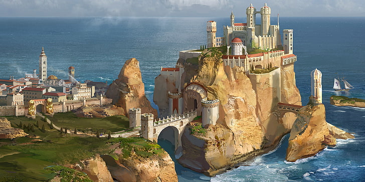 gray and beige castle on cliff poster screenshot, sea, castle, rocks, shore, art, A Song of Ice and Fire, House Lannister, Casterly Rock, HD wallpaper