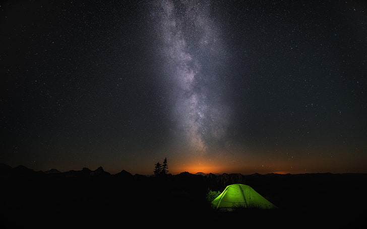 green outdoor camping tent, Microsoft Windows, Windows 10, galaxy, tent, night, nature, HD wallpaper