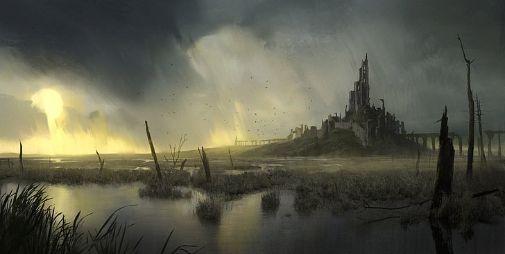 Fantasie, Ruine, Burg, Landschaft, Sumpf, HD-Hintergrundbild
