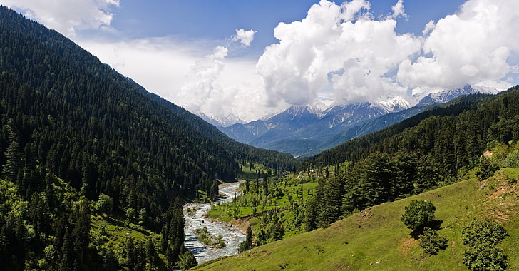 clouds, forest, grass, Green, Kashmir, landscape, mountain, nature, river, Snowy Peak, Trees, Valley, HD wallpaper