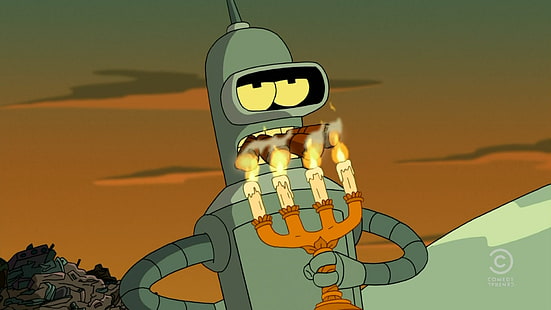 Simpsons robot holding candelabra cartoon wallpaper, Futurama, Bender, HD wallpaper HD wallpaper