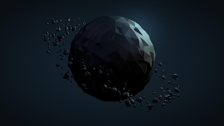schwarzer Asteroid, niedrige Poly, Geometrie, digitale Kunst, planetarische Ringe, Planet, Raumkunst, Grafik, Raum, Asteroiden, HD-Hintergrundbild