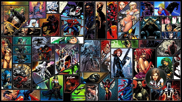 Marvel Comics, Spider-Man, Black Widow, Silver Surfer, Spider-Woman, Batman, Spawn, Daredevil, DC Comics, Wolverine, kolaż, Tapety HD