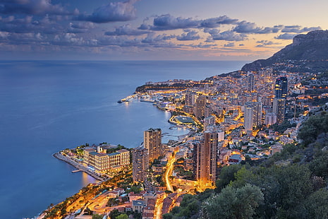 yellow skyscraper, sea, panoramas, night, city, Monaco, sky, lights, HD wallpaper HD wallpaper