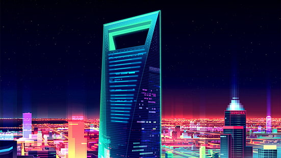 natt, illustration, digital konst, futuristisk konst, Kina, shanghai, horisont, byggnad, himmel, arkitektur, storstadsområde, ljus, torn, stad, tornblock, landmärke, metropol, stadsbild, skyskrapa, HD tapet HD wallpaper