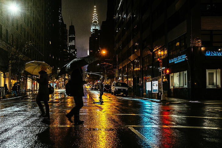 city, men, New York City, rain, umbrella, women, HD wallpaper
