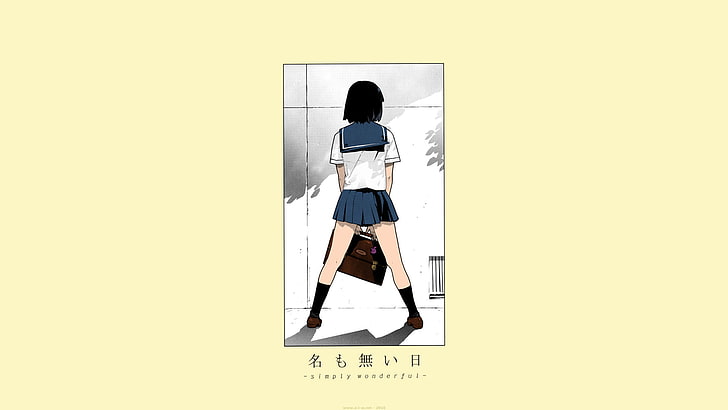 Yukimi, short hair, black hair, school uniform, schoolgirl, short skirt, anime, manga, anime girls, beige background, kanji, HD wallpaper