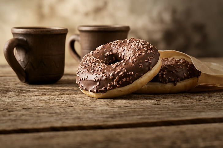 donuts, wooden surface, food, brown, cup, HD wallpaper