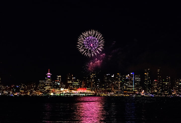 purple brocade fireworks, salute, city, night, holiday, HD wallpaper