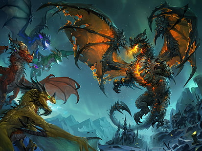 วอลล์เปเปอร์มังกรคละสีสี่สี, ศิลปะแฟนตาซี, มังกร, World of Warcraft: Cataclysm, World of Warcraft, วอลล์เปเปอร์ HD HD wallpaper