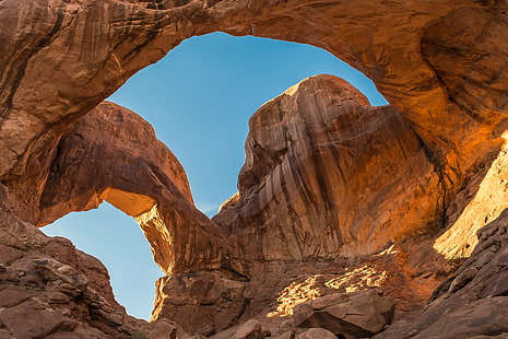 worm's eye view of mountain under clear blue sky, Double Arch, worm's eye view, mountain, Arches National Park, United States, Utah, desert, landscape, southwest, travel, west, nature, sandstone, scenics, rock - Object, geology, uSA, outdoors, red, HD wallpaper HD wallpaper