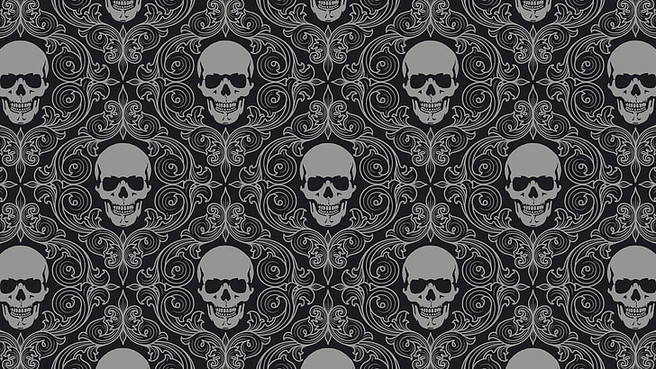 papel de parede digital de crânio cinza e preto, textura, crânio, simetria, monocromático, arte digital, ornamentado, HD papel de parede