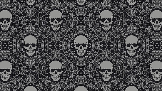 szara i czarna czaszka cyfrowa tapeta, tekstura, czaszka, symetria, monochromatyczny, sztuka cyfrowa, zdobiona, Tapety HD HD wallpaper