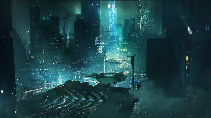 futurystyczny, miasto, cyberpunk, dzieło sztuki, cyfrowe, noc, David Tilton, cyber, Tapety HD