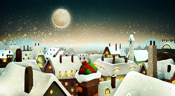 Have A Blessed Christmas, green Christmas-themed gift box illustration, Holidays, Christmas, Moon, Beautiful, Night, Village, Snow, Holiday, Celebrate, merry christmas, 2014, HD wallpaper