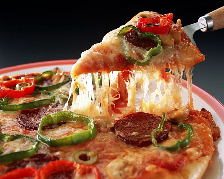 vegetable pizza, pizza, piece, cheese, fast food, HD wallpaper