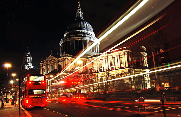 red double decker bus, london, city, bus, night, HD wallpaper
