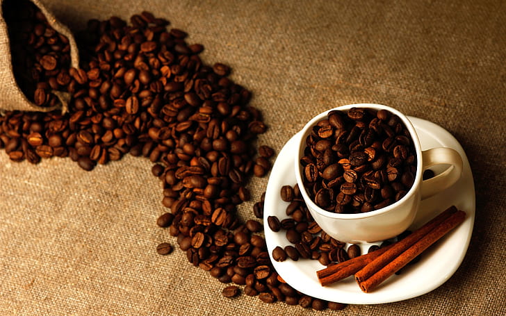 Coffee beans close-up, cup, cinnamon, bag, Coffee, Beans, Cup, Cinnamon, Bag, HD wallpaper