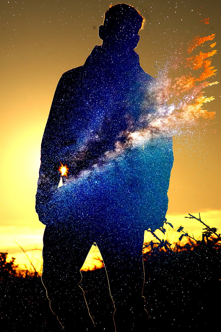 man's silhouette wallpaper, galaxy, sunset, Sun, blue, stars, HD wallpaper