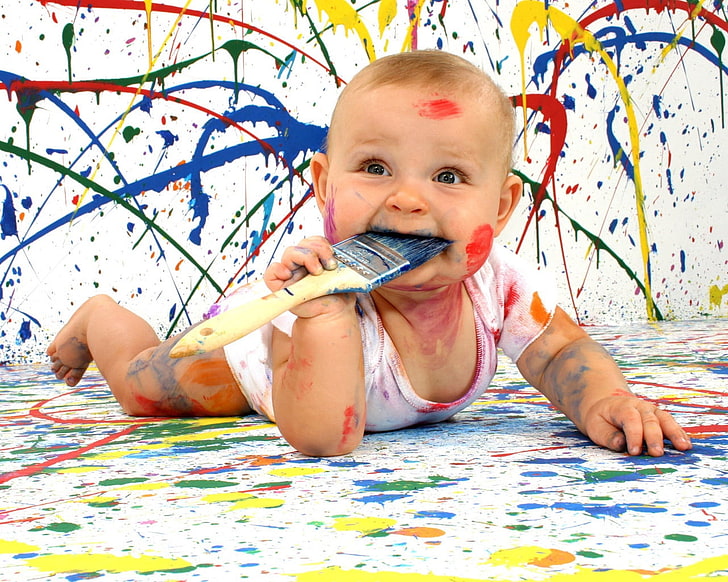 baby's white onesie, baby, amusing, paint, dirty, funny, bully, HD wallpaper