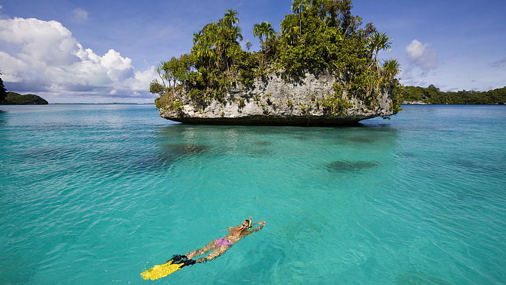 nature, sea, women, underwater, rock, islas galapagos, HD wallpaper