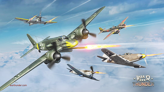 War Thunder илюстрация на играта, небето, война, боец, стрелба, атака, Kawasaki, изкуство, американски, британски, японски, камбана, изтребител-прехващач, немски, съветски, двумоторен, бутало, едномоторен, буря, Airacobra, P-39, War Thunder, Hawker, How-9K, Randy, Yakovlev, едрокалибрени оръдия, Hs.129, B-3, Henschel, Ki-102, атакуваща армия тип 4, HD тапет HD wallpaper