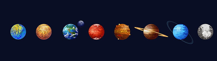 космос, Луна, Сатурн, Земля, минимализм, планеты, цифровое искусство, произведения искусства, Марс, Нептун, Венера, Меркурий, Уран, Юпитер, Солнечная система, HD обои