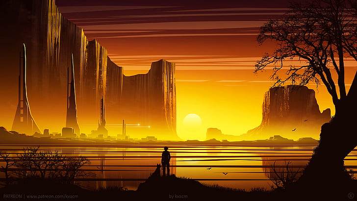 digital, digital art, artwork, illustration, landscape, nature, people, silhouette, animals, yellow, gold, Sun, sun rays, sunset, dusk, evening, canyon, architecture, trees, shadow, dark, building, town, city, sky, skyscape, yellow background, water, reflection, dog, men, outdoors, lake, mountains, warm, western, fantasy art, science fiction, desert, futuristic, HD wallpaper