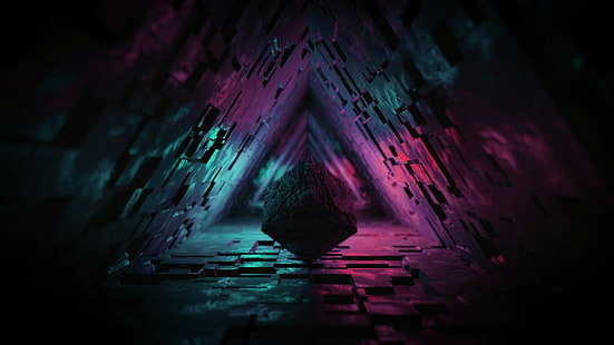 digital, digital art, artwork, cube, lights, neon lights, geometric figures, dark, tunnel, architecture, backlighting, 3D, geometry, environment, science fiction, infinity, colorful, fantasy art, cave, triangle, prism, abstract, HD wallpaper HD wallpaper