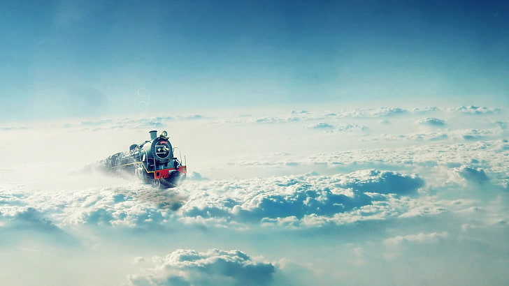 black and red train, train, artwork, fantasy art, flying, clouds, vehicle, HD wallpaper