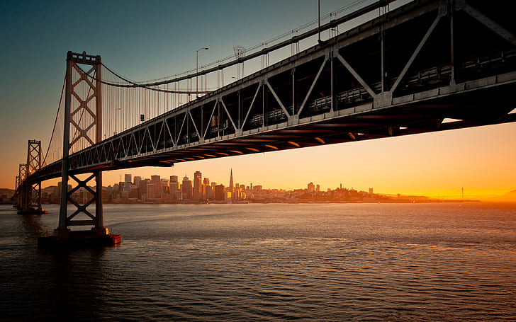 Мост через залив, Городской пейзаж, Закат, Рассвет, Сан-Франциско, Окленд, HD, HD обои