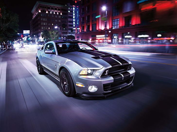 gray Ford Mustang, car, Shelby GT, Ford Mustang, gray, motion blur, HD wallpaper