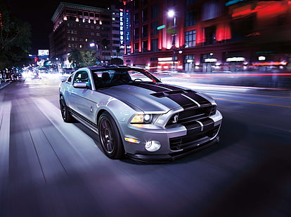 Ford Mustang สีเทา, รถยนต์, Shelby GT, Ford Mustang, สีเทา, ภาพเบลอจากการเคลื่อนไหว, วอลล์เปเปอร์ HD HD wallpaper