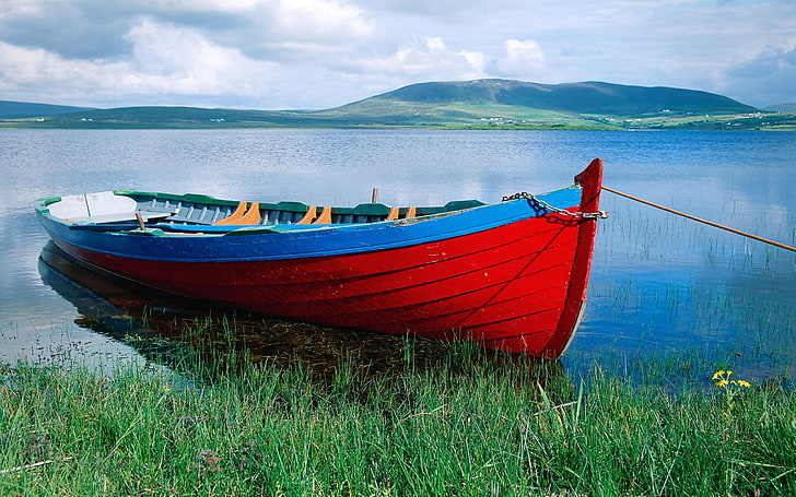 barca, lago, paisaje, roja, HD wallpaper
