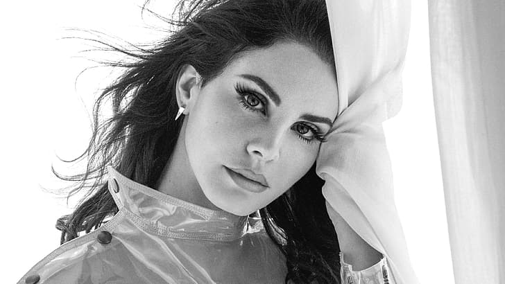 Lana Del Rey, cantora, celebridade, mulheres, morena, monocromático, cabelos ondulados, HD papel de parede
