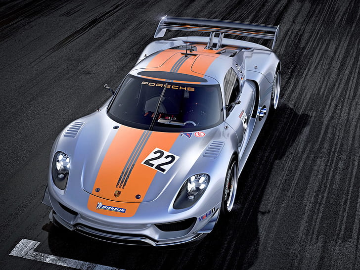 Tampilan depan supercar Porsche 918 RSR Concept, mobil balap abu-abu dan oranye, Porsche, Concept, Supercar, Front, View, Wallpaper HD