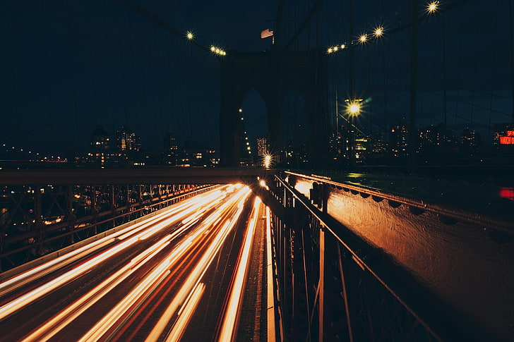 time lapse photo of road, lights, light trails, road, night, bridge, architecture, city, dark, Brooklyn Bridge, New York City, HD wallpaper