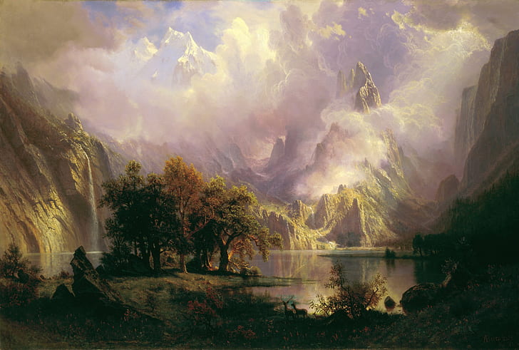 Paisaje de las Montañas Rocosas, Albert Bierstadt, arte clásico, Fondo de pantalla HD