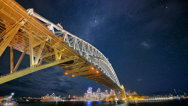 мост, ночь, город, Сидней, Сидней Харбор Бридж, звезды, Сидней Харбор, HD обои