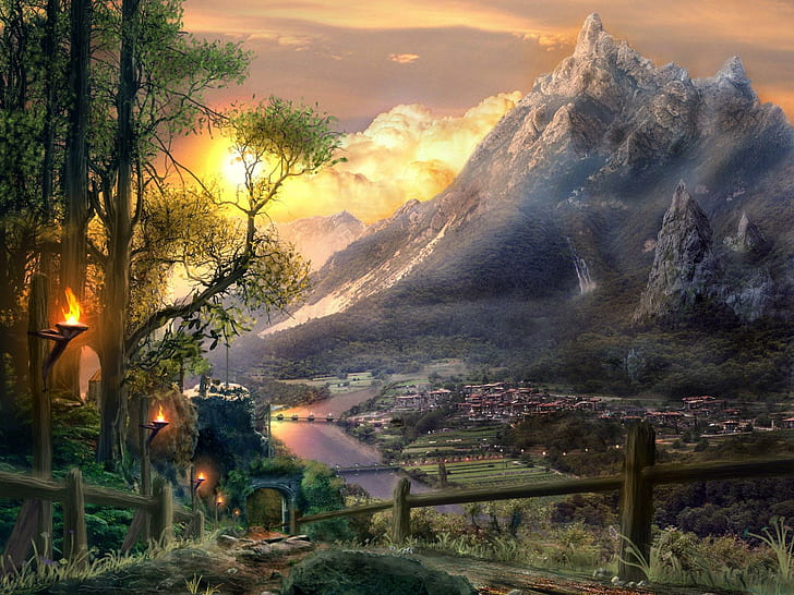 World Fantasy City Sunset Mountain River Background Immagini, fantasia, sfondo, città, montagna, immagini, fiume, tramonto, mondo, Sfondo HD