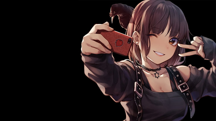 personnage d'anime féminin tenant une illustration de smartphone, anime, manga, filles anime, fond simple, fond noir, brune, selfies, self shot, iPhone, corbeau, Fond d'écran HD