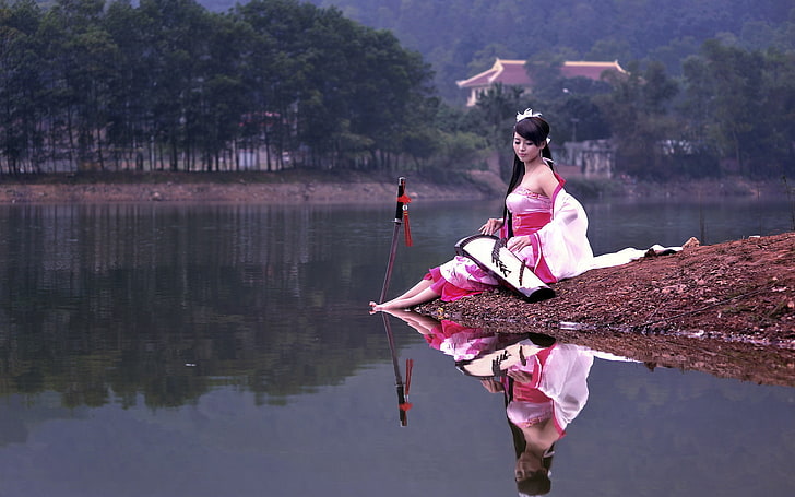 women's pink strapless dress, girl, lake, music, weapons, HD wallpaper