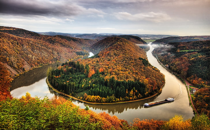 Саар октомври HD тапет, въздушен изглед на езерото, сезони, есен, река, Германия, октомври, есен, Саар, метлах, саарланд, сааршлейфе, билка, HD тапет