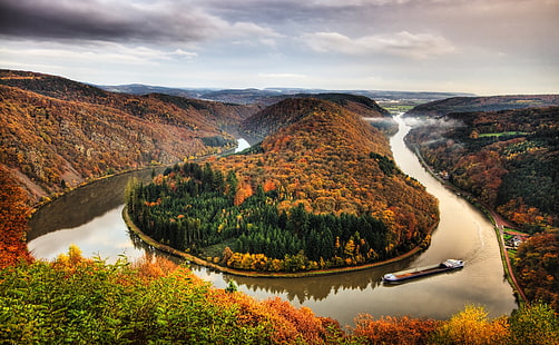 Саар октомври HD тапет, въздушен изглед на езерото, сезони, есен, река, Германия, октомври, есен, Саар, метлах, саарланд, сааршлейфе, билка, HD тапет HD wallpaper