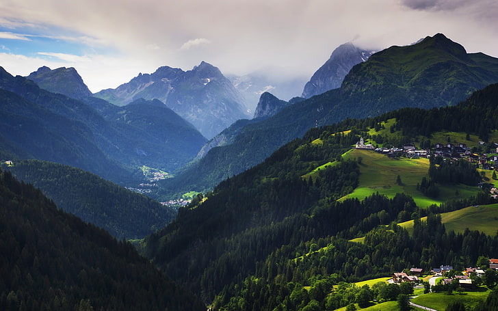 природа, пейзаж, деревня, горы, лес, Италия, долина, туман, облака, лето, Альпы, HD обои