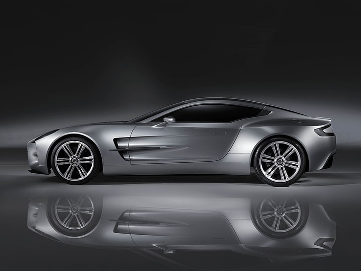 silver coupe, aston martin, one-77, 2008, concept car, gray, side view, reflection, HD wallpaper