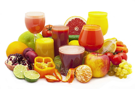 assorted fruits and juices, pomegranate juice, fruit, mandarin, pepper, vegetables, grapefruit, lime, pomegranate, HD wallpaper HD wallpaper